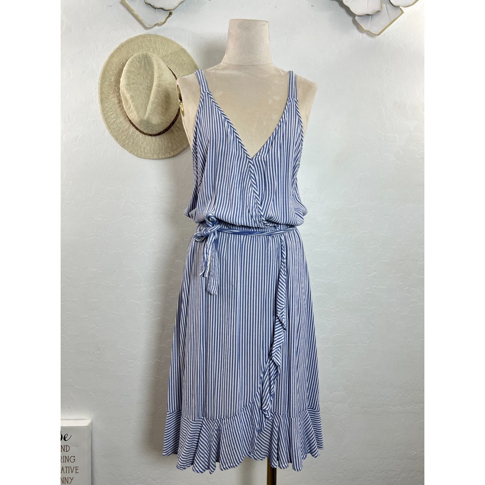 Naif light weight coastal summer dress size L nautical beach cover faux wrap